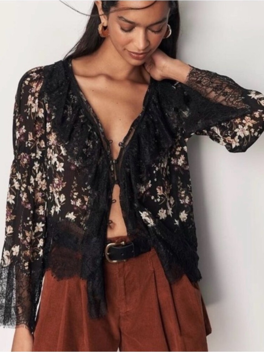 Anthropologie Black Floral Sheer Lace-Trim Blouse NWOT